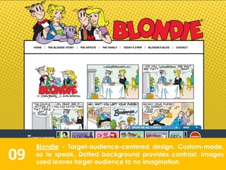 09
Blondie - Target-audience-centered design. Custom-made,
so to speak. Dotted background provides contrast. Images
used leaves target audience to no imagination.
 