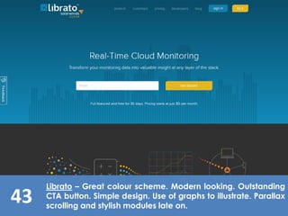 43
Librato – Great colour scheme. Modern looking. Outstanding
CTA button. Simple design. Use of graphs to illustrate. Parallax
scrolling and stylish modules late on.
 
