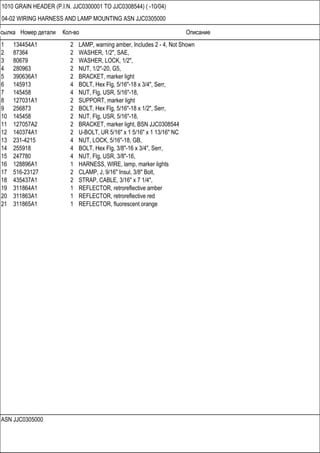 Ссылка Номер детали Кол-во Описание
ASN JJC0305000
1010 GRAIN HEADER (P.I.N. JJC0300001 TO JJC0308544) ( -10/04)
04-02 WIRING HARNESS AND LAMP MOUNTING ASN JJC0305000
1 134454A1 2 LAMP, warning amber, Includes 2 - 4, Not Shown
2 87364 2 WASHER, 1/2", SAE,
3 80679 2 WASHER, LOCK, 1/2",
4 280963 2 NUT, 1/2"-20, G5,
5 390636A1 2 BRACKET, marker light
6 145913 4 BOLT, Hex Flg, 5/16"-18 x 3/4", Serr,
7 145458 4 NUT, Flg, USR, 5/16"-18,
8 127031A1 2 SUPPORT, marker light
9 256873 2 BOLT, Hex Flg, 5/16"-18 x 1/2", Serr,
10 145458 2 NUT, Flg, USR, 5/16"-18,
11 127057A2 2 BRACKET, marker light, BSN JJC0308544
12 140374A1 2 U-BOLT, UR 5/16" x 1 5/16" x 1 13/16" NC
13 231-4215 4 NUT, LOCK, 5/16"-18, GB,
14 255918 4 BOLT, Hex Flg, 3/8"-16 x 3/4", Serr,
15 247780 4 NUT, Flg, USR, 3/8"-16,
16 128896A1 1 HARNESS, WIRE, lamp, marker lights
17 516-23127 2 CLAMP, J, 9/16" Insul, 3/8" Bolt,
18 435437A1 2 STRAP, CABLE, 3/16" x 7 1/4",
19 311864A1 1 REFLECTOR, retroreflective amber
20 311863A1 1 REFLECTOR, retroreflective red
21 311865A1 1 REFLECTOR, fluorescent orange
 