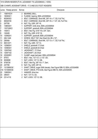 Ссылка Номер детали Кол-во Описание
1010 GRAIN HEADER (P.I.N. JJC0300001 TO JJC0308544) ( -10/04)
09B-12 KNIFE JACKSHAFT DRIVE - 17.5 AND 20.0 FOOT HEADERS
1 156816C91 2 BEARING, BALL,
2 180955C1 4 FLANGE, bearing, BSN JJC0308544
3 80280503 3 BOLT, CARRIAGE, Short NK, 3/8"-16 x 1", G5, Full Thd,
4 86508749 3 BOLT, CARRIAGE, Short NK, 3/8"-16 x 1 1/4", G5, Full Thd,
5 247780 6 NUT, Flg, USR, 3/8"-16,
6 138654A1 1 SUPPORT, knife drive, BSN JJC0308544
7 1307339C2 1 SUPPORT, jackshaft, BSN JJC0308544
8 145913 2 BOLT, Hex Flg, 5/16"-18 x 3/4", Serr,
9 145458 2 NUT, Flg, USR, 5/16"-18,
10 125992A1 1 SUPPORT, jackshaft, BSN JJC0308544
11 282-1448 1 SCREW, SELF TAP, Hex Wash Hd, #8 x 1/2",
12 280499 1 BOLT, CARRIAGE, Short NK, 1/2"-13 x 1", G5, Full Thd,
13 86512371 1 NUT, Flg, USR, 1/2"-13,
14 125982A1 1 SHIELD, jackshaft 17.5 foot
14 125983A1 1 SHIELD, jackshaft 20.0 foot
15 125970A2 1 JACKSHAFT, 17.5 foot
15 125971A2 1 JACKSHAFT, 20.0 foot
16 225265R1 1 CLAMP, auger bed gear, BSN JJC0308544
17 87972 1 BOLT, Hex, 1/2"-13 x 2 1/2", G5,
18 9636698 1 NUT, LOCK, 1/2"-13, GB,
19 9706726 3 BOLT, Hex Flg, 3/8"-16 x 1", Serr,
20 247780 6 NUT, Flg, USR, 3/8"-16,
21 1313569C92 1 SHAFT, DRIVE, auger (With decals), See Figure 09B-15, BSN JJC0304999
21A 1313569C94 1 SHAFT, DRIVE, PTO knife, See Figure 09B-16, ASN JJC0305000
22 138005A1 1 HANGER, drive line
23 280431 2 NUT, 1/2"-13, G5,
24 231-4118 2 NUT, LOCK, 1/2"-13, GB,
 