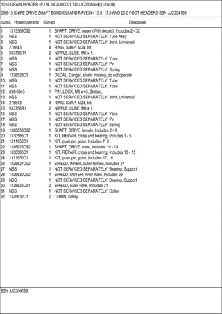 Ссылка Номер детали Кол-во Описание
BSN JJC304189
1010 GRAIN HEADER (P.I.N. JJC0300001 TO JJC0308544) ( -10/04)
09B-15 KNIFE DRIVE SHAFT BONDIOLI AND PAVESI - 15.0, 17.5 AND 20.0 FOOT HEADERS BSN JJC304189
1 1313569C92 1 SHAFT, DRIVE, auger (With decals), Includes 2 - 32
2 NSS 1 NOT SERVICED SEPARATELY, Tube Assy
3 NSS 1 NOT SERVICED SEPARATELY, Joint, Universal
4 278643 4 RING, SNAP, M24, Int,
5 933756R1 2 NIPPLE, LUBE, M6 x 1,
6 NSS 1 NOT SERVICED SEPARATELY, Yoke
7 NSS 1 NOT SERVICED SEPARATELY, Pin
8 NSS 1 NOT SERVICED SEPARATELY, Spring
9 1326528C1 1 DECAL, Danger, shield missing, do not operate
10 NSS 1 NOT SERVICED SEPARATELY, Tube
11 NSS 1 NOT SERVICED SEPARATELY, Yoke
12 838-5845 1 PIN, LOCK, M8 x 45, Slotted,
13 NSS 1 NOT SERVICED SEPARATELY, Joint, Universal
14 278643 4 RING, SNAP, M24, Int,
15 933756R1 2 NIPPLE, LUBE, M6 x 1,
16 NSS 1 NOT SERVICED SEPARATELY, Yoke
17 NSS 1 NOT SERVICED SEPARATELY, Pin
18 NSS 1 NOT SERVICED SEPARATELY, Spring
19 1326658C92 1 SHAFT, DRIVE, female, Includes 2 - 9
20 1330586C1 1 KIT, REPAIR, cross and bearing, Includes 3 - 5
21 1311950C1 1 KIT, push pin, yoke, Includes 7, 8
22 1326623C92 1 SHAFT, DRIVE, male, Includes 10 - 18
23 1330586C1 1 KIT, REPAIR, cross and bearing, Includes 13 - 15
24 1311950C1 1 KIT, push pin, yoke, Includes 17, 18
26 1326627C92 1 SHIELD, INNER, outer female, Includes 27
27 NSS 1 NOT SERVICED SEPARATELY, Bearing, Support
28 1326630C92 1 SHIELD, OUTER, inner male, Includes 29
29 NSS 1 NOT SERVICED SEPARATELY, Bearing, Support
30 1326625C91 2 SHIELD, outer yoke, Includes 31
31 NSS 1 NOT SERVICED SEPARATELY, Collar
32 1326632C1 2 CHAIN, safety
 