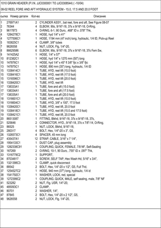 Ссылка Номер детали Кол-во Описание
1010 GRAIN HEADER (P.I.N. JJC0300001 TO JJC0308544) ( -10/04)
08-02 REEL FORE AND AFT HYDRAULIC SYSTEM - 15.0, 17.5 AND 20.0 FOOT
1 276971A1 2 CYLINDER ASSY., bat reel, fore and aft, See Figure 08-07
2 76344 4 ELBOW, 90є, 9/16"-18, 37є x 9/16"-18, O-Ring,
3 9617873 4 O-RING, 6-1, 90 Duro, .468" ID x .078" Thk,
4 1284278C1 1 HOSE, hyd 1/4" x 41"
4 1277506C1 1 HOSE, 1194 mm (47 inch) long, hydraulic, 1/4 ID, Pick-up Reel
5 183825C1 4 CLAMP, 3/8" tubes
7 9626558 4 NUT, LOCK, Flg, 1/4"-20,
8 86629586 6 ELBOW, 90є, 9/16"-18, 37є x 9/16"-18, 37є Fem Sw,
9 141425A2 1 HOSE, 1/4" x 57"
10 812382C1 1 HOSE, hyd 1/4" x 1270 mm (50") long
10 147876C1 1 HOSE, hyd 1/4" x 45" fl 3/8" fjic x 3/8" fjic
13 147875C1 1 HOSE, 890 mm (35") long, hydraulic, 1/4 ID
15 1338414C1 1 TUBE, HYD, reel lift (15.0 foot)
15 1338416C1 1 TUBE, HYD, reel lift (17.5 foot)
15 1316596C1 1 TUBE, HYD, reel lift (20.0 foot)
16 1338420C1 1 TUBE, HYD, reel lift
17 138333A1 1 TUBE, fore and aft (15.0 foot)
17 138334A1 1 TUBE, fore and aft (17.5 foot)
17 138335A1 1 TUBE, fore and aft (20.0 foot)
18 1316601C1 1 TUBE, HYD, reel lift (15.0 foot)
18 1316604C1 1 TUBE, HYD, 3/8" x 100", 17.5 foot
18 1338420C1 1 TUBE, HYD, reel lift, 20.0 foot
19 1338418C1 1 TUBE, HYD, reel lift (15.0 and 17.5 foot)
19 1338421C1 1 TUBE, HYD, reel lift, 20.0 foot
20 86513087 1 FITTING, Blkhd, 9/16"-18, 37є x 9/16"-18, 37є,
21 525646 2 CONNECTOR, HYD., 9/16"-18, 37є x 7/8"-14, O-Ring,
23 86525 1 NUT, LOCK, Blkhd, 9/16"-18,
25 280317 4 BOLT, Hex, 1/4"-20 x 3", G5,
26 1326573C1 4 SPACER, 45 mm long
27 435437A1 12 STRAP, CABLE, 3/16" x 7 1/4",
28 1954133C1 1 DUST CAP, plug assembly
29 1282338C91 1 COUPLING, QUICK, FEMALE, 7/8 NF, Self-Sealing
30 167269 2 O-RING, 10-1, 90 Duro, .755" ID x .097" Thk,
33 1316779C2 1 SUPPORT,
34 87034817 2 SCREW, SELF TAP, Hex Wash Hd, 5/16" x 3/4",
35 1321398C3 1 CLAMP, quick disconnect
36 88542 2 BOLT, Hex, 1/4"-20 x 1/2", G5, Full Thd,
37 1254527C2 1 HOSE, 940 mm (37") long, hydraulic, 1/4 id
38 1541792C1 1 WASHER, LOCK, red, special
39 1272399C2 1 COUPLING, QUICK, MALE, self sealing, male, 7/8" NF
41 523282 2 NUT, Flg, USR, 1/4"-20,
45 485093C1 2 CLAMP,
46 80701 2 WASHER, 1/4",
47 87845 2 BOLT, Hex, 1/4"-20 x 2 1/2", G5,
48 9626558 2 NUT, LOCK, Flg, 1/4"-20,
 