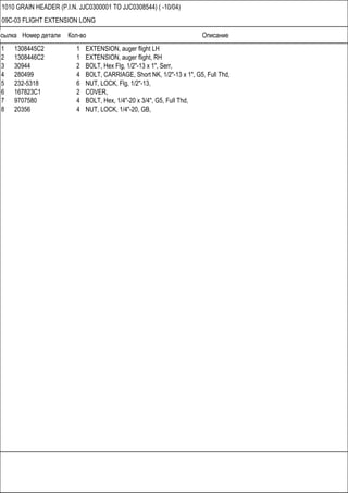 Ссылка Номер детали Кол-во Описание
1010 GRAIN HEADER (P.I.N. JJC0300001 TO JJC0308544) ( -10/04)
09C-03 FLIGHT EXTENSION LONG
1 1308445C2 1 EXTENSION, auger flight LH
2 1308446C2 1 EXTENSION, auger flight, RH
3 30944 2 BOLT, Hex Flg, 1/2"-13 x 1", Serr,
4 280499 4 BOLT, CARRIAGE, Short NK, 1/2"-13 x 1", G5, Full Thd,
5 232-5318 6 NUT, LOCK, Flg, 1/2"-13,
6 167823C1 2 COVER,
7 9707580 4 BOLT, Hex, 1/4"-20 x 3/4", G5, Full Thd,
8 20356 4 NUT, LOCK, 1/4"-20, GB,
 