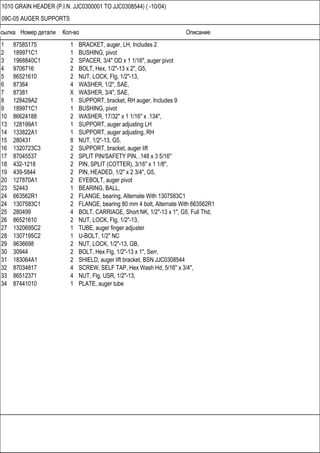 Ссылка Номер детали Кол-во Описание
1010 GRAIN HEADER (P.I.N. JJC0300001 TO JJC0308544) ( -10/04)
09C-05 AUGER SUPPORTS
1 87585175 1 BRACKET, auger, LH, Includes 2
2 189971C1 1 BUSHING, pivot
3 1968840C1 2 SPACER, 3/4" OD x 1 1/16", auger pivot
4 9706716 2 BOLT, Hex, 1/2"-13 x 2", G5,
5 86521610 2 NUT, LOCK, Flg, 1/2"-13,
6 87364 4 WASHER, 1/2", SAE,
7 87381 X WASHER, 3/4", SAE,
8 128429A2 1 SUPPORT, bracket, RH auger, Includes 9
9 189971C1 1 BUSHING, pivot
10 86624188 2 WASHER, 17/32" x 1 1/16" x .134",
13 128199A1 1 SUPPORT, auger adjusting LH
14 133822A1 1 SUPPORT, auger adjusting, RH
15 280431 8 NUT, 1/2"-13, G5,
16 1320723C3 2 SUPPORT, bracket, auger lift
17 87045537 2 SPLIT PIN/SAFETY PIN, .148 x 3 5/16"
18 432-1218 2 PIN, SPLIT (COTTER), 3/16" x 1 1/8",
19 439-5844 2 PIN, HEADED, 1/2" x 2 3/4", G5,
20 127870A1 2 EYEBOLT, auger pivot
23 52443 1 BEARING, BALL,
24 663562R1 2 FLANGE, bearing, Alternate With 1307583C1
24 1307583C1 2 FLANGE, bearing 80 mm 4 bolt, Alternate With 663562R1
25 280499 4 BOLT, CARRIAGE, Short NK, 1/2"-13 x 1", G5, Full Thd,
26 86521610 2 NUT, LOCK, Flg, 1/2"-13,
27 1320695C2 1 TUBE, auger finger adjuster
28 1307195C2 1 U-BOLT, 1/2" NC
29 9636698 2 NUT, LOCK, 1/2"-13, GB,
30 30944 2 BOLT, Hex Flg, 1/2"-13 x 1", Serr,
31 183064A1 2 SHIELD, auger lift bracket, BSN JJC0308544
32 87034817 4 SCREW, SELF TAP, Hex Wash Hd, 5/16" x 3/4",
33 86512371 4 NUT, Flg, USR, 1/2"-13,
34 87441010 1 PLATE, auger tube
 