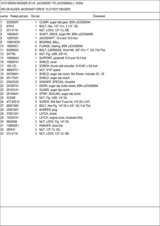 Ссылка Номер детали Кол-во Описание
1010 GRAIN HEADER (P.I.N. JJC0300001 TO JJC0308544) ( -10/04)
09C-08 AUGER JACKSHAFT DRIVE 15.0 FOOT HEADER
1 225265R1 1 CLAMP, auger bed gear, BSN JJC0308544
2 87972 1 BOLT, Hex, 1/2"-13 x 2 1/2", G5,
3 231-4118 1 NUT, LOCK, 1/2"-13, GB,
4 106044A1 1 SHAFT, DRIVE, auger RH, BSN JJC0304999
8 125975A1 1 JACKSHAFT, 15.0 and 16.5 foot
9 156816C91 2 BEARING, BALL,
10 180955C1 4 FLANGE, bearing, BSN JJC0308544
11 80280503 6 BOLT, CARRIAGE, Short NK, 3/8"-16 x 1", G5, Full Thd,
12 247780 6 NUT, Flg, USR, 3/8"-16,
13 106084A3 1 SUPPORT, jackshaft 15.0 and 16.5 foot
16 106087A1 1 SHIELD, cover
17 183-123 2 SCREW, thumb with shoulder, 5/16 NC x 3/4 inch
18 488837C1 2 NUT, 5/16" speed
19 247089A1 1 SHIELD, auger slip clutch, Not Shown, Includes 20 - 30
20 251170A1 1 SHIELD, auger slip clutch
21 254233A2 2 WASHER, SPECIAL, shoulder
22 247087A1 1 DOOR, auger slip clutch shield, BSN JJC0308544
23 251031A1 1 GUARD, auger slip clutch
24 251046A1 2 STRIP, SEALING, auger slip clutch
25 523282 5 NUT, Flg, USR, 1/4"-20,
26 477-82512 5 SCREW, Sltd Serr Truss Hd, 1/4"-20 x 3/4",
27 86521550 2 BOLT, Hex Flg, 1/4"-20 x 3/4", G5, Full Thd,
28 259019A1 2 BUMPER, plug
29 276013A1 1 LATCH, shield
29 143347A1 1 LATCH, engine cover, Australia Only
30 9626558 2 NUT, LOCK, Flg, 1/4"-20,
31 138005A1 1 HANGER, drive line
32 280431 2 NUT, 1/2"-13, G5,
33 231-4118 2 NUT, LOCK, 1/2"-13, GB,
 