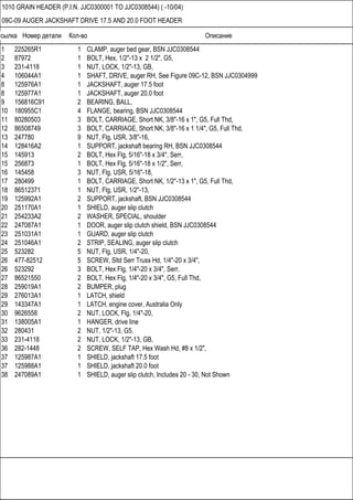 Ссылка Номер детали Кол-во Описание
1010 GRAIN HEADER (P.I.N. JJC0300001 TO JJC0308544) ( -10/04)
09C-09 AUGER JACKSHAFT DRIVE 17.5 AND 20.0 FOOT HEADER
1 225265R1 1 CLAMP, auger bed gear, BSN JJC0308544
2 87972 1 BOLT, Hex, 1/2"-13 x 2 1/2", G5,
3 231-4118 1 NUT, LOCK, 1/2"-13, GB,
4 106044A1 1 SHAFT, DRIVE, auger RH, See Figure 09C-12, BSN JJC0304999
8 125976A1 1 JACKSHAFT, auger 17.5 foot
8 125977A1 1 JACKSHAFT, auger 20.0 foot
9 156816C91 2 BEARING, BALL,
10 180955C1 4 FLANGE, bearing, BSN JJC0308544
11 80280503 3 BOLT, CARRIAGE, Short NK, 3/8"-16 x 1", G5, Full Thd,
12 86508749 3 BOLT, CARRIAGE, Short NK, 3/8"-16 x 1 1/4", G5, Full Thd,
13 247780 9 NUT, Flg, USR, 3/8"-16,
14 128416A2 1 SUPPORT, jackshaft bearing RH, BSN JJC0308544
15 145913 2 BOLT, Hex Flg, 5/16"-18 x 3/4", Serr,
15 256873 1 BOLT, Hex Flg, 5/16"-18 x 1/2", Serr,
16 145458 3 NUT, Flg, USR, 5/16"-18,
17 280499 1 BOLT, CARRIAGE, Short NK, 1/2"-13 x 1", G5, Full Thd,
18 86512371 1 NUT, Flg, USR, 1/2"-13,
19 125992A1 2 SUPPORT, jackshaft, BSN JJC0308544
20 251170A1 1 SHIELD, auger slip clutch
21 254233A2 2 WASHER, SPECIAL, shoulder
22 247087A1 1 DOOR, auger slip clutch shield, BSN JJC0308544
23 251031A1 1 GUARD, auger slip clutch
24 251046A1 2 STRIP, SEALING, auger slip clutch
25 523282 5 NUT, Flg, USR, 1/4"-20,
26 477-82512 5 SCREW, Sltd Serr Truss Hd, 1/4"-20 x 3/4",
26 523292 3 BOLT, Hex Flg, 1/4"-20 x 3/4", Serr,
27 86521550 2 BOLT, Hex Flg, 1/4"-20 x 3/4", G5, Full Thd,
28 259019A1 2 BUMPER, plug
29 276013A1 1 LATCH, shield
29 143347A1 1 LATCH, engine cover, Australia Only
30 9626558 2 NUT, LOCK, Flg, 1/4"-20,
31 138005A1 1 HANGER, drive line
32 280431 2 NUT, 1/2"-13, G5,
33 231-4118 2 NUT, LOCK, 1/2"-13, GB,
36 282-1448 2 SCREW, SELF TAP, Hex Wash Hd, #8 x 1/2",
37 125987A1 1 SHIELD, jackshaft 17.5 foot
37 125988A1 1 SHIELD, jackshaft 20.0 foot
38 247089A1 1 SHIELD, auger slip clutch, Includes 20 - 30, Not Shown
 