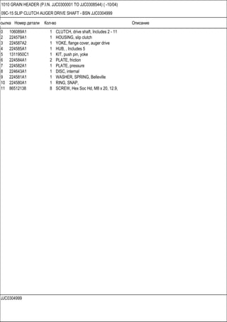 Ссылка Номер детали Кол-во Описание
JJC0304999
1010 GRAIN HEADER (P.I.N. JJC0300001 TO JJC0308544) ( -10/04)
09C-15 SLIP CLUTCH AUGER DRIVE SHAFT - BSN JJC0304999
0 106089A1 1 CLUTCH, drive shaft, Includes 2 - 11
2 224579A1 1 HOUSING, slip clutch
3 224587A2 1 YOKE, flange cover, auger drive
4 224585A1 1 HUB, , Includes 5
5 1311950C1 1 KIT, push pin, yoke
6 224584A1 2 PLATE, friction
7 224582A1 1 PLATE, pressure
8 224643A1 1 DISC, internal
9 224581A1 1 WASHER, SPRING, Belleville
10 224580A1 1 RING, SNAP,
11 86512138 8 SCREW, Hex Soc Hd, M8 x 20, 12.9,
 
