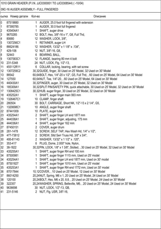 Ссылка Номер детали Кол-во Описание
1010 GRAIN HEADER (P.I.N. JJC0300001 TO JJC0308544) ( -10/04)
09C-16 AUGER ASSEMBLY - FULL FINGERED
0 87519880 1 AUGER, 25.0 foot full fingered with extension
1 87395785 1 AUGER, 30.0 foot full fingered
2 435404A1 1 SHAFT, auger drive
3 9670285 12 BOLT, Hex, 3/8"-16 x 1", G8, Full Thd,
4 80680 12 WASHER, LOCK, 3/8",
5 1307256C1 1 RETAINER, auger LH
6 86624186 12 WASHER, 13/32" x 1 1/8" x .134",
7 429-106 12 NUT, 3/8"-16, G8,
8 52443 6 BEARING, BALL,
9 1307583C1 12 FLANGE, bearing 80 mm 4 bolt
10 231-5348 24 NUT, LOCK, Flg, 1/2"-13,
11 455112R11 6 COLLAR, locking, bearing, with set screw
12 1307259C2 30,32GUIDE, finger, 30 Used on 25' Model, 32 Used on 30' Model
13 88542 60,64BOLT, Hex, 1/4"-20 x 1/2", G5, Full Thd, , 60 Used on 25' Model, 64 Used on 30' Model
14 127550 60,64NUT, Tee, 1/4"-20, , 60 Used on 25' Model, 64 Used on 30' Model
15 440430A1 30,32FINGER, auger, 30 Used on 25' Model, 32 Used on 30' Model
16 185309A1 30,32SPLIT PIN/SAFETY PIN, quick attachable, 30 Used on 25' Model, 32 Used on 30' Model
17 1308425C1 30,32HUB, auger finger, 30 Used on 25' Model, 32 Used on 30' Model
18 435252A1 1 SHAFT, auger finger main 993 mm
19 1326467C1 10 CLAMP, finger shaft
20 280504 30 BOLT, CARRIAGE, Short NK, 1/2"-13 x 2 1/4", G5,
21 1320698C1 10 ANGLE, auger finger shaft
22 87441009 10 PLATE, auger tube
23 435254A1 2 SHAFT, auger finger LH end 1877 mm
25 444038A1 1 SHAFT, auger finger, adjusting, 175 mm
26 444036A1 4 SHAFT, auger finger 162 mm
27 87450151 2 COVER, auger drum
28 281-1478 12 SCREW, SELF TAP, Hex Wash Hd, 1/4" x 1/2",
29 477-73812 2 SCREW, Sltd Serr Truss Hd, 3/8" x 3/4",
30 495-81143 2 WASHER, 13/32" x 1 1/2" x .120",
31 353-417 6 PLUG, Dome, 2.000" hole, Nylon,
32 38-1822 30,32PIN, LOCK, 1/8" x 1 3/8", Slotted, , 30 Used on 25' Model, 32 Used on 30' Model
33 435255A1 1 SHAFT, auger finger RH end 100 mm
34 87500981 1 SHAFT, auger finger 1115 mm, Used on 25' model
34 435254A1 1 SHAFT, auger finger LH end 1877 mm, Used on 30' model
35 87501827 1 SHAFT, auger finger 1010 mm, Used on 25' model
35 435253A1 1 SHAFT, auger finger RH end 1772 mm, Used on 30' model
36 87017844 10,12COVER, , 10 Used on 25' Model, 12 Used on 30' Model
37 86014250 20,24NUT, Spring, M6 x 1, 20 Used on 25' Model, 24 Used on 30' Model
38 120100 20,24BOLT, Hex, M6 x 20, 8.8, , 20 Used on 25' Model, 24 Used on 30' Model
39 322357 20,24WASHER, SPRING, Belleville, M6, , 20 Used on 25' Model, 24 Used on 30' Model
40 9636698 30 NUT, LOCK, 1/2"-13, GB,
41 231-5146 2 NUT, Flg, USR, 3/8"-16,
 