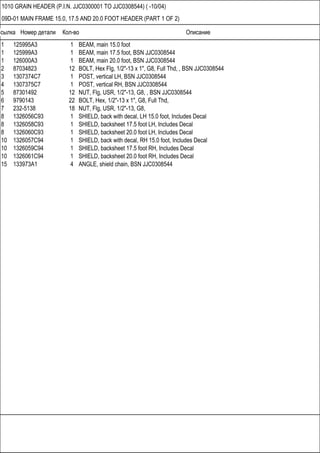 Ссылка Номер детали Кол-во Описание
1010 GRAIN HEADER (P.I.N. JJC0300001 TO JJC0308544) ( -10/04)
09D-01 MAIN FRAME 15.0, 17.5 AND 20.0 FOOT HEADER (PART 1 OF 2)
1 125995A3 1 BEAM, main 15.0 foot
1 125999A3 1 BEAM, main 17.5 foot, BSN JJC0308544
1 126000A3 1 BEAM, main 20.0 foot, BSN JJC0308544
2 87034823 12 BOLT, Hex Flg, 1/2"-13 x 1", G8, Full Thd, , BSN JJC0308544
3 1307374C7 1 POST, vertical LH, BSN JJC0308544
4 1307375C7 1 POST, vertical RH, BSN JJC0308544
5 87301492 12 NUT, Flg, USR, 1/2"-13, G8, , BSN JJC0308544
6 9790143 22 BOLT, Hex, 1/2"-13 x 1", G8, Full Thd,
7 232-5138 18 NUT, Flg, USR, 1/2"-13, G8,
8 1326056C93 1 SHIELD, back with decal, LH 15.0 foot, Includes Decal
8 1326058C93 1 SHIELD, backsheet 17.5 foot LH, Includes Decal
8 1326060C93 1 SHIELD, backsheet 20.0 foot LH, Includes Decal
10 1326057C94 1 SHIELD, back with decal, RH 15.0 foot, Includes Decal
10 1326059C94 1 SHIELD, backsheet 17.5 foot RH, Includes Decal
10 1326061C94 1 SHIELD, backsheet 20.0 foot RH, Includes Decal
15 133973A1 4 ANGLE, shield chain, BSN JJC0308544
 
