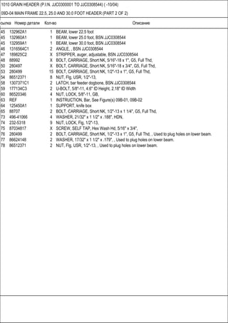 Ссылка Номер детали Кол-во Описание
1010 GRAIN HEADER (P.I.N. JJC0300001 TO JJC0308544) ( -10/04)
09D-04 MAIN FRAME 22.5, 25.0 AND 30.0 FOOT HEADER (PART 2 OF 2)
45 132962A1 1 BEAM, lower 22.5 foot
45 132960A1 1 BEAM, lower 25.0 foot, BSN JJC0308544
45 132959A1 1 BEAM, lower 30.0 foot, BSN JJC0308544
46 1316564C1 2 ANGLE, , BSN JJC0308544
47 189825C2 X STRIPPER, auger, adjustable, BSN JJC0308544
48 88992 X BOLT, CARRIAGE, Short NK, 5/16"-18 x 1", G5, Full Thd,
50 280497 X BOLT, CARRIAGE, Short NK, 5/16"-18 x 3/4", G5, Full Thd,
53 280499 15 BOLT, CARRIAGE, Short NK, 1/2"-13 x 1", G5, Full Thd,
54 86512371 8 NUT, Flg, USR, 1/2"-13,
58 1307371C1 2 LATCH, bar feeder dogbone, BSN JJC0308544
59 177134C3 2 U-BOLT, 5/8"-11, 4.6" ID Height, 2.18" ID Width
60 86520346 4 NUT, LOCK, 5/8"-11, GB,
63 REF 1 INSTRUCTION, Bar, See Figure(s) 09B-01, 09B-02
64 125450A1 1 SUPPORT, knife box
65 88707 2 BOLT, CARRIAGE, Short NK, 1/2"-13 x 1 1/4", G5, Full Thd,
73 496-41066 4 WASHER, 21/32" x 1 1/2" x .188", HDN,
74 232-5318 9 NUT, LOCK, Flg, 1/2"-13,
75 87034817 X SCREW, SELF TAP, Hex Wash Hd, 5/16" x 3/4",
76 280499 2 BOLT, CARRIAGE, Short NK, 1/2"-13 x 1", G5, Full Thd, , Used to plug holes on lower beam.
77 86624148 2 WASHER, 17/32" x 1 1/2" x .179", , Used to plug holes on lower beam.
78 86512371 2 NUT, Flg, USR, 1/2"-13, , Used to plug holes on lower beam.
 