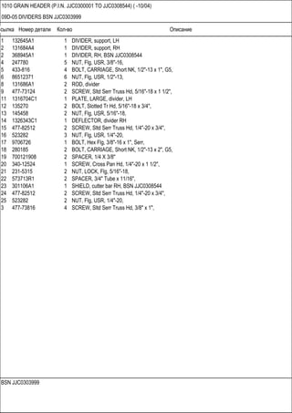 Ссылка Номер детали Кол-во Описание
BSN JJC0303999
1010 GRAIN HEADER (P.I.N. JJC0300001 TO JJC0308544) ( -10/04)
09D-05 DIVIDERS BSN JJC0303999
1 132645A1 1 DIVIDER, support, LH
2 131684A4 1 DIVIDER, support, RH
2 368945A1 1 DIVIDER, RH, BSN JJC0308544
4 247780 5 NUT, Flg, USR, 3/8"-16,
5 433-816 4 BOLT, CARRIAGE, Short NK, 1/2"-13 x 1", G5,
6 86512371 6 NUT, Flg, USR, 1/2"-13,
8 131686A1 2 ROD, divider
9 477-73124 2 SCREW, Sltd Serr Truss Hd, 5/16"-18 x 1 1/2",
11 1316704C1 1 PLATE, LARGE, divider, LH
12 135270 2 BOLT, Slotted Tr Hd, 5/16"-18 x 3/4",
13 145458 2 NUT, Flg, USR, 5/16"-18,
14 1326343C1 1 DEFLECTOR, divider RH
15 477-82512 2 SCREW, Sltd Serr Truss Hd, 1/4"-20 x 3/4",
16 523282 3 NUT, Flg, USR, 1/4"-20,
17 9706726 1 BOLT, Hex Flg, 3/8"-16 x 1", Serr,
18 280185 2 BOLT, CARRIAGE, Short NK, 1/2"-13 x 2", G5,
19 700121908 2 SPACER, 1/4 X 3/8"
20 340-12524 1 SCREW, Cross Pan Hd, 1/4"-20 x 1 1/2",
21 231-5315 2 NUT, LOCK, Flg, 5/16"-18,
22 573713R1 2 SPACER, 3/4" Tube x 11/16",
23 301106A1 1 SHIELD, cutter bar RH, BSN JJC0308544
24 477-82512 2 SCREW, Sltd Serr Truss Hd, 1/4"-20 x 3/4",
25 523282 2 NUT, Flg, USR, 1/4"-20,
3 477-73816 4 SCREW, Sltd Serr Truss Hd, 3/8" x 1",
 