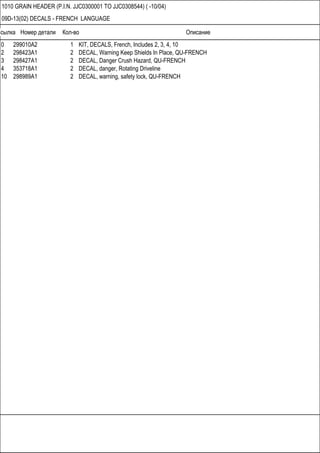 Ссылка Номер детали Кол-во Описание
1010 GRAIN HEADER (P.I.N. JJC0300001 TO JJC0308544) ( -10/04)
09D-13(02) DECALS - FRENCH LANGUAGE
0 299010A2 1 KIT, DECALS, French, Includes 2, 3, 4, 10
2 298423A1 2 DECAL, Warning Keep Shields In Place, QU-FRENCH
3 298427A1 2 DECAL, Danger Crush Hazard, QU-FRENCH
4 353718A1 2 DECAL, danger, Rotating Driveline
10 298989A1 2 DECAL, warning, safety lock, QU-FRENCH
 