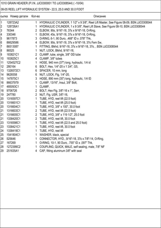 Ссылка Номер детали Кол-во Описание
1010 GRAIN HEADER (P.I.N. JJC0300001 TO JJC0308544) ( -10/04)
08-05 REEL LIFT HYDRAULIC SYSTEM - 22.5, 25.0 AND 30.0 FOOT
1 128723A2 1 HYDRAULIC CYLINDER, 1 1/2" x 9 3/8", Reel Lift Master, See Figure 08-09, BSN JJC0308544
2 128726A1 1 HYDRAULIC CYLINDER, 1 x 9 3/8", Reel Lift Slave, See Figure 08-10, BSN JJC0308544
3 76344 2 ELBOW, 90є, 9/16"-18, 37є x 9/16"-18, O-Ring,
4 330346 1 ELBOW, 45є, 9/16"-18, 37є x 9/16"-18, O-Ring,
5 9617873 3 O-RING, 6-1, 90 Duro, .468" ID x .078" Thk,
6 86629586 4 ELBOW, 90є, 9/16"-18, 37є x 9/16"-18, 37є Fem Sw,
7 86513087 1 FITTING, Blkhd, 9/16"-18, 37є x 9/16"-18, 37є, , BSN JJC0308544
8 86525 1 NUT, LOCK, Blkhd, 9/16"-18,
9 183821C1 2 CLAMP, tube, single, 3/8" OD tube
10 183825C1 4 CLAMP, 3/8" tubes
11 1254527C2 1 HOSE, 940 mm (37") long, hydraulic, 1/4 id
12 280164 6 BOLT, Hex, 1/4"-20 x 1 3/4", G5,
13 1326572C1 6 SPACER, 10 mm, long
14 9626558 6 NUT, LOCK, Flg, 1/4"-20,
15 147875C1 3 HOSE, 890 mm (35") long, hydraulic, 1/4 ID
16 86637979 1 CLAMP, 13/16", Insul, 3/8" Bolt,
17 485093C1 1 CLAMP,
18 9706726 2 BOLT, Hex Flg, 3/8"-16 x 1", Serr,
19 247780 2 NUT, Flg, USR, 3/8"-16,
20 1316597C1 1 TUBE, HYD, reel lift (22.5 foot)
20 1316601C1 1 TUBE, HYD, reel lift (25.0 foot)
20 1316604C1 1 TUBE, HYD, 3/8" x 100", 30.0 foot
21 1316603C1 2 TUBE, HYD, reel lift (22.5 foot)
21 1316605C1 2 TUBE, HYD, 3/8" x 119 1/2", 25.0 foot
21 1338420C1 2 TUBE, HYD, reel lift, 30.0 foot
23 1316598C1 1 TUBE, HYD, reel lift (22.5 and 25.0 foot)
23 1338421C1 1 TUBE, HYD, reel lift, 30.0 foot
24 1338419C1 1 TUBE, HYD, reel lift
25 1541804C1 1 WASHER, black, special
26 525646 1 CONNECTOR, HYD., 9/16"-18, 37є x 7/8"-14, O-Ring,
27 167269 1 O-RING, 10-1, 90 Duro, .755" ID x .097" Thk,
28 1272399C2 1 COUPLING, QUICK, MALE, self sealing, male, 7/8" NF
29 251635A1 4 CAP, fitting aluminum 3/8" with seal
 
