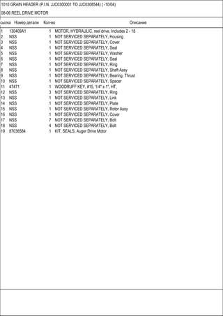 Ссылка Номер детали Кол-во Описание
1010 GRAIN HEADER (P.I.N. JJC0300001 TO JJC0308544) ( -10/04)
08-06 REEL DRIVE MOTOR
1 130409A1 1 MOTOR, HYDRAULIC, reel drive, Includes 2 - 18
2 NSS 1 NOT SERVICED SEPARATELY, Housing
3 NSS 1 NOT SERVICED SEPARATELY, Cover
4 NSS 1 NOT SERVICED SEPARATELY, Seal
5 NSS 1 NOT SERVICED SEPARATELY, Washer
6 NSS 1 NOT SERVICED SEPARATELY, Seal
7 NSS 1 NOT SERVICED SEPARATELY, Ring
8 NSS 1 NOT SERVICED SEPARATELY, Shaft Assy
9 NSS 1 NOT SERVICED SEPARATELY, Bearing, Thrust
10 NSS 1 NOT SERVICED SEPARATELY, Spacer
11 47471 1 WOODRUFF KEY, #15, 1/4" x 1", HT,
12 NSS 3 NOT SERVICED SEPARATELY, Ring
13 NSS 1 NOT SERVICED SEPARATELY, Link
14 NSS 1 NOT SERVICED SEPARATELY, Plate
15 NSS 1 NOT SERVICED SEPARATELY, Rotor Assy
16 NSS 1 NOT SERVICED SEPARATELY, Cover
17 NSS 7 NOT SERVICED SEPARATELY, Bolt
18 NSS 4 NOT SERVICED SEPARATELY, Bolt
19 87036584 1 KIT, SEALS, Auger Drive Motor
 