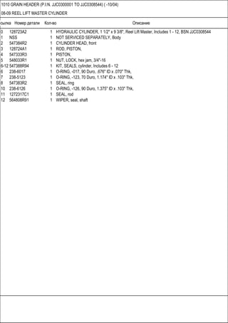 Ссылка Номер детали Кол-во Описание
1010 GRAIN HEADER (P.I.N. JJC0300001 TO JJC0308544) ( -10/04)
08-09 REEL LIFT MASTER CYLINDER
0 128723A2 1 HYDRAULIC CYLINDER, 1 1/2" x 9 3/8", Reel Lift Master, Includes 1 - 12, BSN JJC0308544
1 NSS 1 NOT SERVICED SEPARATELY, Body
2 547384R2 1 CYLINDER HEAD, front
3 128724A1 1 ROD, PISTON,
4 547333R3 1 PISTON,
5 548033R1 1 NUT, LOCK, hex jam, 3/4"-16
6-12 547388R94 1 KIT, SEALS, cylinder, Includes 6 - 12
6 238-6017 1 O-RING, -017, 90 Duro, .676" ID x .070" Thk,
7 238-5123 1 O-RING, -123, 70 Duro, 1.174" ID x .103" Thk,
8 547383R2 1 SEAL, ring
10 238-6126 1 O-RING, -126, 90 Duro, 1.375" ID x .103" Thk,
11 1272317C1 1 SEAL, rod
12 564808R91 1 WIPER, seal, shaft
 