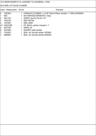 Ссылка Номер детали Кол-во Описание
1010 GRAIN HEADER (P.I.N. JJC0300001 TO JJC0308544) ( -10/04)
08-10 REEL LIFT SLAVE CYLINDER
0 128726A1 1 HYDRAULIC CYLINDER, 1 x 9 3/8", Reel Lift Slave, Includes 1- 7, BSN JJC0308544
1 NSS 1 NOT SERVICED SEPARATELY, Body
2 463-1104 1 SCREW, Hex Hd, #10-24 x 1/4",
3 128727A1 1 ROD, PISTON,
4 145190C1 1 RING, SNAP,
5-7 532531R92 1 KIT, SEALS, cylinder, Includes 5 - 7
5 532773R1 1 WIPER, rod
6 533145R1 1 WASHER, rubber bonded
7 119185C1 1 SEAL, rod, Use with cylinder 128726A1
7 389500A1 1 SEAL, rod, Use with cylinder 87045528
 