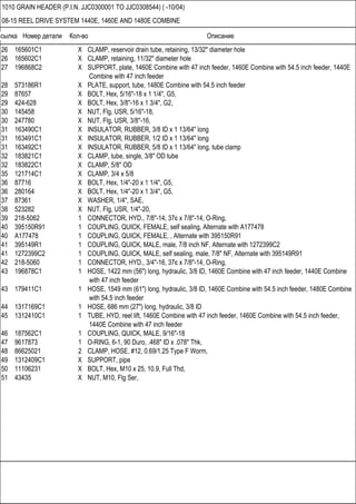Ссылка Номер детали Кол-во Описание
1010 GRAIN HEADER (P.I.N. JJC0300001 TO JJC0308544) ( -10/04)
08-15 REEL DRIVE SYSTEM 1440E, 1460E AND 1480E COMBINE
26 165601C1 X CLAMP, reservoir drain tube, retaining, 13/32" diameter hole
26 165602C1 X CLAMP, retaining, 11/32" diameter hole
27 196868C2 X SUPPORT, plate, 1460E Combine with 47 inch feeder, 1460E Combine with 54.5 inch feeder, 1440E
Combine with 47 inch feeder
28 573186R1 X PLATE, support, tube, 1480E Combine with 54.5 inch feeder
29 87657 X BOLT, Hex, 5/16"-18 x 1 1/4", G5,
29 424-628 X BOLT, Hex, 3/8"-16 x 1 3/4", G2,
30 145458 X NUT, Flg, USR, 5/16"-18,
30 247780 X NUT, Flg, USR, 3/8"-16,
31 163490C1 X INSULATOR, RUBBER, 3/8 ID x 1 13/64" long
31 163491C1 X INSULATOR, RUBBER, 1/2 ID x 1 13/64" long
31 163492C1 X INSULATOR, RUBBER, 5/8 ID x 1 13/64" long, tube clamp
32 183821C1 X CLAMP, tube, single, 3/8" OD tube
32 183822C1 X CLAMP, 5/8" OD
35 121714C1 X CLAMP, 3/4 x 5/8
36 87716 X BOLT, Hex, 1/4"-20 x 1 1/4", G5,
36 280164 X BOLT, Hex, 1/4"-20 x 1 3/4", G5,
37 87361 X WASHER, 1/4", SAE,
38 523282 X NUT, Flg, USR, 1/4"-20,
39 218-5062 1 CONNECTOR, HYD., 7/8"-14, 37є x 7/8"-14, O-Ring,
40 395150R91 1 COUPLING, QUICK, FEMALE, self sealing, Alternate with A177478
40 A177478 1 COUPLING, QUICK, FEMALE, , Alternate with 395150R91
41 395149R1 1 COUPLING, QUICK, MALE, male, 7/8 inch NF, Alternate with 1272399C2
41 1272399C2 1 COUPLING, QUICK, MALE, self sealing, male, 7/8" NF, Alternate with 395149R91
42 218-5060 1 CONNECTOR, HYD., 3/4"-16, 37є x 7/8"-14, O-Ring,
43 196878C1 1 HOSE, 1422 mm (56") long, hydraulic, 3/8 ID, 1460E Combine with 47 inch feeder, 1440E Combine
with 47 inch feeder
43 179411C1 1 HOSE, 1549 mm (61") long, hydraulic, 3/8 ID, 1460E Combine with 54.5 inch feeder, 1480E Combine
with 54.5 inch feeder
44 1317169C1 1 HOSE, 686 mm (27") long, hydraulic, 3/8 ID
45 1312410C1 1 TUBE, HYD, reel lift, 1460E Combine with 47 inch feeder, 1460E Combine with 54.5 inch feeder,
1440E Combine with 47 inch feeder
46 187562C1 1 COUPLING, QUICK, MALE, 9/16"-18
47 9617873 1 O-RING, 6-1, 90 Duro, .468" ID x .078" Thk,
48 86625021 2 CLAMP, HOSE, #12, 0.69/1.25 Type F Worm,
49 1312409C1 X SUPPORT, pipe
50 11106231 X BOLT, Hex, M10 x 25, 10.9, Full Thd,
51 43435 X NUT, M10, Flg Ser,
 