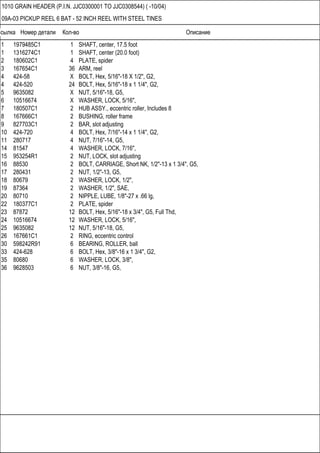 Ссылка Номер детали Кол-во Описание
1010 GRAIN HEADER (P.I.N. JJC0300001 TO JJC0308544) ( -10/04)
09A-03 PICKUP REEL 6 BAT - 52 INCH REEL WITH STEEL TINES
1 1979485C1 1 SHAFT, center, 17.5 foot
1 1316274C1 1 SHAFT, center (20.0 foot)
2 180602C1 4 PLATE, spider
3 167654C1 36 ARM, reel
4 424-58 X BOLT, Hex, 5/16"-18 X 1/2", G2,
4 424-520 24 BOLT, Hex, 5/16"-18 x 1 1/4", G2,
5 9635082 X NUT, 5/16"-18, G5,
6 10516674 X WASHER, LOCK, 5/16",
7 180507C1 2 HUB ASSY., eccentric roller, Includes 8
8 167666C1 2 BUSHING, roller frame
9 827703C1 2 BAR, slot adjusting
10 424-720 4 BOLT, Hex, 7/16"-14 x 1 1/4", G2,
11 280717 4 NUT, 7/16"-14, G5,
14 81547 4 WASHER, LOCK, 7/16",
15 953254R1 2 NUT, LOCK, slot adjusting
16 88530 2 BOLT, CARRIAGE, Short NK, 1/2"-13 x 1 3/4", G5,
17 280431 2 NUT, 1/2"-13, G5,
18 80679 2 WASHER, LOCK, 1/2",
19 87364 2 WASHER, 1/2", SAE,
20 80710 2 NIPPLE, LUBE, 1/8"-27 x .66 lg,
22 180377C1 2 PLATE, spider
23 87872 12 BOLT, Hex, 5/16"-18 x 3/4", G5, Full Thd,
24 10516674 12 WASHER, LOCK, 5/16",
25 9635082 12 NUT, 5/16"-18, G5,
26 167661C1 2 RING, eccentric control
30 598242R91 6 BEARING, ROLLER, ball
33 424-628 6 BOLT, Hex, 3/8"-16 x 1 3/4", G2,
35 80680 6 WASHER, LOCK, 3/8",
36 9628503 6 NUT, 3/8"-16, G5,
 