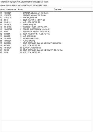 Ссылка Номер детали Кол-во Описание
1010 GRAIN HEADER (P.I.N. JJC0300001 TO JJC0308544) ( -10/04)
09A-04 PICKUP REEL 6 BAT - 52 INCH REEL WITH STEEL TINES
37 180380C1 1 BRACKET, adjusting, LH, Not Shown
38 179231C2 1 BRACKET, adjusting, RH, Shown
40 167612C1 2 SPACER, driven hub
43 88043 4 BOLT, Hex, 1/2"-13 x 3 1/4", G5,
44 231-4118 4 NUT, LOCK, 1/2"-13, GB,
47 180251C1 2 SHAFT, driving end
49 495-81089 4 WASHER, 1 21/32" x 2 1/4" x .120",
50 180400C91 2 COLLAR, W/SET SCREW, Includes 51
51 84-65 2 SET SCREW, Hex Soc, 3/8"-24 x 5/16",
52 9635884 X BOLT, Hex, 5/16"-18 x 1", G5, Full Thd,
53 9635082 X NUT, 5/16"-18, G5,
54 10516674 X WASHER, LOCK, 5/16",
56 180603C1 4 PLATE, stiffening
57 80280503 1 BOLT, CARRIAGE, Short NK, 3/8"-16 x 1", G5, Full Thd,
58 9637692 1 NUT, LOCK, 3/8"-16, GB,
60 180787C1 36 SUPPORT, reel arm brace
61 280700 36 BOLT, CARRIAGE, Short NK, 1/4"-20 x 1/2", G5, Full Thd,
62 20356 36 NUT, LOCK, 1/4"-20, GB,
 