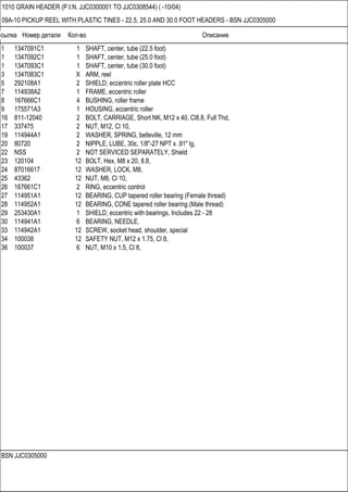 Ссылка Номер детали Кол-во Описание
BSN JJC0305000
1010 GRAIN HEADER (P.I.N. JJC0300001 TO JJC0308544) ( -10/04)
09A-10 PICKUP REEL WITH PLASTIC TINES - 22.5, 25.0 AND 30.0 FOOT HEADERS - BSN JJC0305000
1 1347091C1 1 SHAFT, center, tube (22.5 foot)
1 1347092C1 1 SHAFT, center, tube (25.0 foot)
1 1347093C1 1 SHAFT, center, tube (30.0 foot)
3 1347083C1 X ARM, reel
5 292108A1 2 SHIELD, eccentric roller plate HCC
7 114938A2 1 FRAME, eccentric roller
8 167666C1 4 BUSHING, roller frame
9 175571A3 1 HOUSING, eccentric roller
16 811-12040 2 BOLT, CARRIAGE, Short NK, M12 x 40, Cl8.8, Full Thd,
17 337475 2 NUT, M12, Cl 10,
19 114944A1 2 WASHER, SPRING, belleville, 12 mm
20 80720 2 NIPPLE, LUBE, 30є, 1/8"-27 NPT x .91" lg,
22 NSS 2 NOT SERVICED SEPARATELY, Shield
23 120104 12 BOLT, Hex, M8 x 20, 8.8,
24 87016617 12 WASHER, LOCK, M8,
25 43362 12 NUT, M8, Cl 10,
26 167661C1 2 RING, eccentric control
27 114951A1 12 BEARING, CUP tapered roller bearing (Female thread)
28 114952A1 12 BEARING, CONE tapered roller bearing (Male thread)
29 253430A1 1 SHIELD, eccentric with bearings, Includes 22 - 28
30 114941A1 6 BEARING, NEEDLE,
33 114942A1 12 SCREW, socket head, shoulder, special
34 100038 12 SAFETY NUT, M12 x 1.75, Cl 8,
36 100037 6 NUT, M10 x 1.5, Cl 8,
 