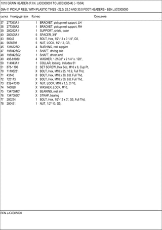 Ссылка Номер детали Кол-во Описание
BSN JJC0305000
1010 GRAIN HEADER (P.I.N. JJC0300001 TO JJC0308544) ( -10/04)
09A-11 PICKUP REEL WITH PLASTIC TINES - 22.5, 25.0 AND 30.0 FOOT HEADERS - BSN JJC0305000
37 277363A1 1 BRACKET, pickup reel support, LH
38 277358A2 1 BRACKET, pickup reel support, RH
39 280262A1 1 SUPPORT, shield, outer
40 280505A1 5 SPACER, 3/4"
43 88043 5 BOLT, Hex, 1/2"-13 x 3 1/4", G5,
44 9636698 5 NUT, LOCK, 1/2"-13, GB,
45 1316328C1 4 BUSHING, reel support
47 1989428C2 1 SHAFT, driving end
48 1989425C2 1 SHAFT, driven end
49 495-81089 4 WASHER, 1 21/32" x 2 1/4" x .120",
50 114943A1 1 COLLAR, locking, Includes 51
51 878-1106 2 SET SCREW, Hex Soc, M10 x 6, Cup Pt,
70 11106231 X BOLT, Hex, M10 x 25, 10.9, Full Thd,
71 43140 8 BOLT, Hex, M10 x 30, 8.8, Full Thd,
72 120113 X BOLT, Hex, M10 x 50, 8.8, Full Thd,
73 832-41310 X NUT, LOCK, M10 x 1.5, Cl 10,
74 140028 X WASHER, LOCK, M10,
75 1347084C1 X BEARING, reel arm
76 1347085C1 X STRAP, bearing
77 280234 1 BOLT, Hex, 1/2"-13 x 3", G5, Full Thd,
78 280431 1 NUT, 1/2"-13, G5,
 
