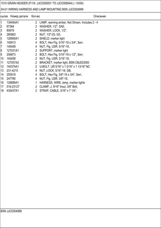 Ссылка Номер детали Кол-во Описание
BSN JJC0304999
1010 GRAIN HEADER (P.I.N. JJC0300001 TO JJC0308544) ( -10/04)
04-01 WIRING HARNESS AND LAMP MOUNTING BSN JJC0304999
1 134454A1 2 LAMP, warning amber, Not Shown, Includes 2 - 4
2 87364 2 WASHER, 1/2", SAE,
3 80679 2 WASHER, LOCK, 1/2",
4 280963 2 NUT, 1/2"-20, G5,
5 126890A1 2 SHIELD, marker light
6 145913 4 BOLT, Hex Flg, 5/16"-18 x 3/4", Serr,
7 145458 4 NUT, Flg, USR, 5/16"-18,
8 127031A1 2 SUPPORT, marker light
9 256873 2 BOLT, Hex Flg, 5/16"-18 x 1/2", Serr,
10 145458 2 NUT, Flg, USR, 5/16"-18,
11 127057A2 2 BRACKET, marker light, BSN CBJ023000
12 140374A1 2 U-BOLT, UR 5/16" x 1 5/16" x 1 13/16" NC
13 231-4215 4 NUT, LOCK, 5/16"-18, GB,
14 255918 4 BOLT, Hex Flg, 3/8"-16 x 3/4", Serr,
15 247780 4 NUT, Flg, USR, 3/8"-16,
16 128896A1 1 HARNESS, WIRE, lamp, marker lights
17 516-23127 2 CLAMP, J, 9/16" Insul, 3/8" Bolt,
18 435437A1 2 STRAP, CABLE, 3/16" x 7 1/4",
 