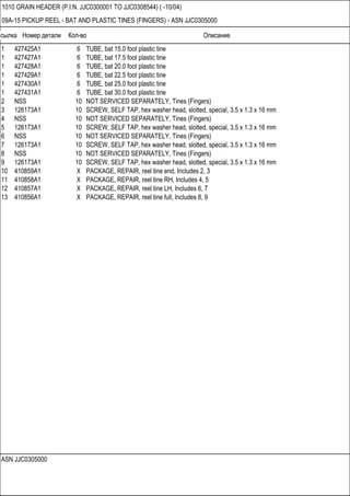 Ссылка Номер детали Кол-во Описание
ASN JJC0305000
1010 GRAIN HEADER (P.I.N. JJC0300001 TO JJC0308544) ( -10/04)
09A-15 PICKUP REEL - BAT AND PLASTIC TINES (FINGERS) - ASN JJC0305000
1 427425A1 6 TUBE, bat 15.0 foot plastic tine
1 427427A1 6 TUBE, bat 17.5 foot plastic tine
1 427428A1 6 TUBE, bat 20.0 foot plastic tine
1 427429A1 6 TUBE, bat 22.5 foot plastic tine
1 427430A1 6 TUBE, bat 25.0 foot plastic tine
1 427431A1 6 TUBE, bat 30.0 foot plastic tine
2 NSS 10 NOT SERVICED SEPARATELY, Tines (Fingers)
3 126173A1 10 SCREW, SELF TAP, hex washer head, slotted, special, 3.5 x 1.3 x 16 mm
4 NSS 10 NOT SERVICED SEPARATELY, Tines (Fingers)
5 126173A1 10 SCREW, SELF TAP, hex washer head, slotted, special, 3.5 x 1.3 x 16 mm
6 NSS 10 NOT SERVICED SEPARATELY, Tines (Fingers)
7 126173A1 10 SCREW, SELF TAP, hex washer head, slotted, special, 3.5 x 1.3 x 16 mm
8 NSS 10 NOT SERVICED SEPARATELY, Tines (Fingers)
9 126173A1 10 SCREW, SELF TAP, hex washer head, slotted, special, 3.5 x 1.3 x 16 mm
10 410859A1 X PACKAGE, REPAIR, reel tine end, Includes 2, 3
11 410858A1 X PACKAGE, REPAIR, reel tine RH, Includes 4, 5
12 410857A1 X PACKAGE, REPAIR, reel tine LH, Includes 6, 7
13 410856A1 X PACKAGE, REPAIR, reel tine full, Includes 8, 9
 
