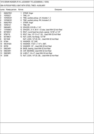 Ссылка Номер детали Кол-во Описание
1010 GRAIN HEADER (P.I.N. JJC0300001 TO JJC0308544) ( -10/04)
09A-16 PICKUP REEL 6 BAT WITH STEEL TINES - AUXILIARY
1 592627R21 1 STRAP, finger
2 167652C1 1 TINE, LH
3 167605C91 6 TINE, auxiliary pickup, LH, Includes 1, 2
4 167606C91 6 TINE, auxiliary pickup, RH, Includes 5, 6
5 592627R21 1 STRAP, finger
6 167651C1 1 TINE, RH
7 598246R1 12 SPACER, 9/16 ID x 1 1/4"
7 1316568C1 12 SPACER, .51 X .84 X 1.12 tube, Used With 52 Inch Reel
8 827385C1 12 BOLT, round head hex shank, special, 1/2 NF x 2 1/2"
8 9706716 12 BOLT, Hex, 1/2"-13 x 2", G5, , Used With 52 Inch Reel
9 827386C1 12 NUT, LOCK, hex flange, 1/2" NF
9 9411648 NUT, LOCK, 1/2"-20, GC, , Used With 52 Inch Reel
10 87364 12 WASHER, 1/2", SAE,
10 495-81024 12 WASHER, 17/32" x 1 1/4" x .060",
10 80700 12 WASHER, 1/2", , Used With 52 Inch Reel
11 598234R1 36 BASE, bearing, Used With 52 Inch Reel
12 598235R1 36 CAP, BEARING, Used With 52 Inch Reel
13 598236R1 36 U-BOLT, 1/4 x 2", Used With 52 Inch Reel
14 20356 72 NUT, LOCK, 1/4"-20, GB, , Used With 52 Inch Reel
 