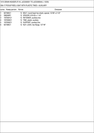 Ссылка Номер детали Кол-во Описание
1010 GRAIN HEADER (P.I.N. JJC0300001 TO JJC0308544) ( -10/04)
09A-17 PICKUP REEL 6 BAT WITH PLASTIC TINES - AUXILIARY
1 827385C1 12 BOLT, round head hex shank, special, 1/2 NF x 2 1/2"
2 598246R1 12 SPACER, 9/16 ID x 1 1/4"
3 1970591C1 12 RETAINER, auxiliary tine
4 1970590C1 12 TINE, plastic, auxiliary
5 1970592C1 12 SUPPORT, auxiliary tine
6 827386C1 12 NUT, LOCK, hex flange, 1/2" NF
 