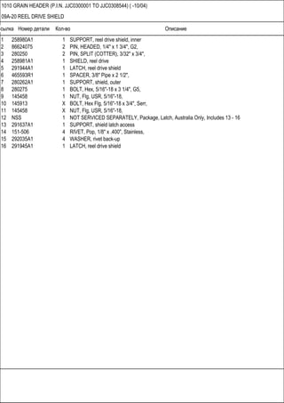 Ссылка Номер детали Кол-во Описание
1010 GRAIN HEADER (P.I.N. JJC0300001 TO JJC0308544) ( -10/04)
09A-20 REEL DRIVE SHIELD
1 258980A1 1 SUPPORT, reel drive shield, inner
2 86624075 2 PIN, HEADED, 1/4" x 1 3/4", G2,
3 280250 2 PIN, SPLIT (COTTER), 3/32" x 3/4",
4 258981A1 1 SHIELD, reel drive
5 291944A1 1 LATCH, reel drive shield
6 465593R1 1 SPACER, 3/8" Pipe x 2 1/2",
7 280262A1 1 SUPPORT, shield, outer
8 280275 1 BOLT, Hex, 5/16"-18 x 3 1/4", G5,
9 145458 1 NUT, Flg, USR, 5/16"-18,
10 145913 X BOLT, Hex Flg, 5/16"-18 x 3/4", Serr,
11 145458 X NUT, Flg, USR, 5/16"-18,
12 NSS 1 NOT SERVICED SEPARATELY, Package, Latch, Australia Only, Includes 13 - 16
13 291637A1 1 SUPPORT, shield latch access
14 151-506 4 RIVET, Pop, 1/8" x .400", Stainless,
15 292035A1 4 WASHER, rivet back-up
16 291945A1 1 LATCH, reel drive shield
 