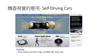 - Self-Driving	Cars	
Mobileye
– Vision	systems	currently	in	high-end	BMW,	GM,	Volvo,	Tesla
 