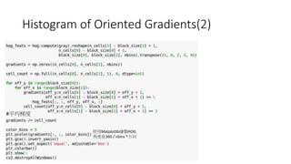 Histogram	of	Oriented	Gradients(2)
# R
Matplotlib HOG
360	/	nbins	*3
 