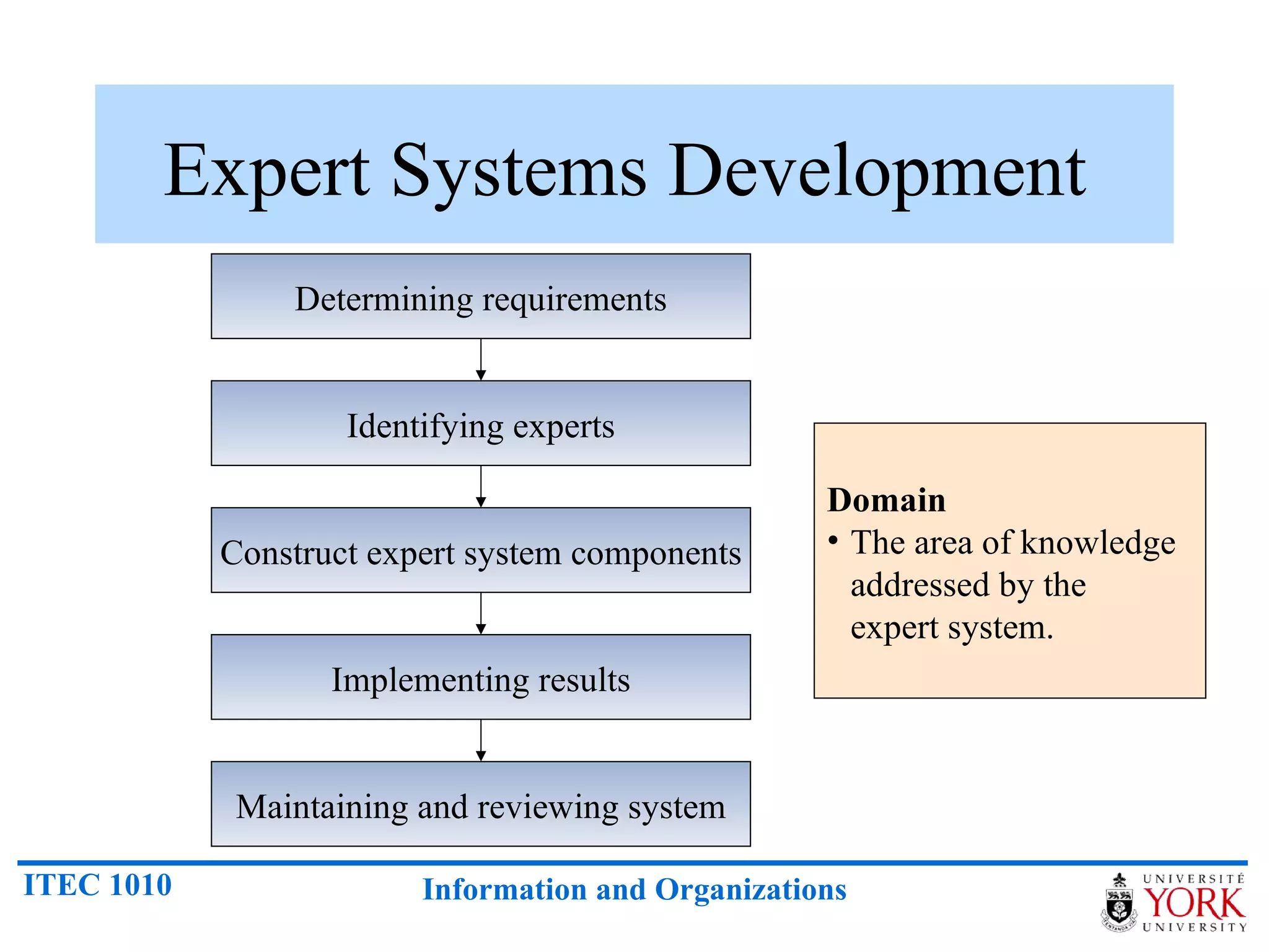 Expert Systems Development  Determining requirements Identifying experts Construct expert system components Implementing results Maintaining and reviewing system Domain The area of knowledge addressed by the expert system. 
