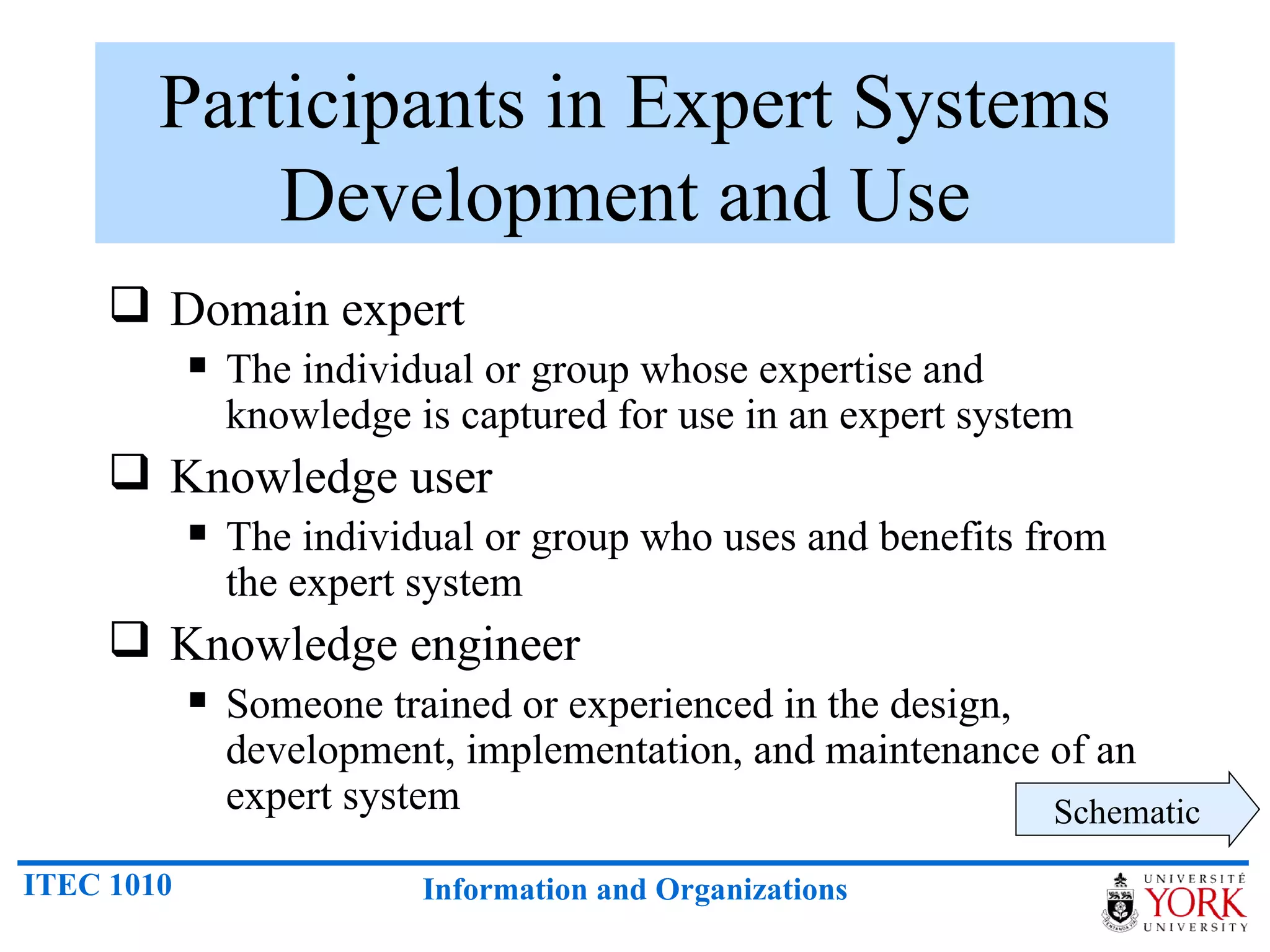 Participants in Expert Systems Development and Use  Domain expert The individual or group whose expertise and knowledge is captured for use in an expert system Knowledge user The individual or group who uses and benefits from the expert system Knowledge engineer Someone trained or experienced in the design, development, implementation, and maintenance of an expert system Schematic 