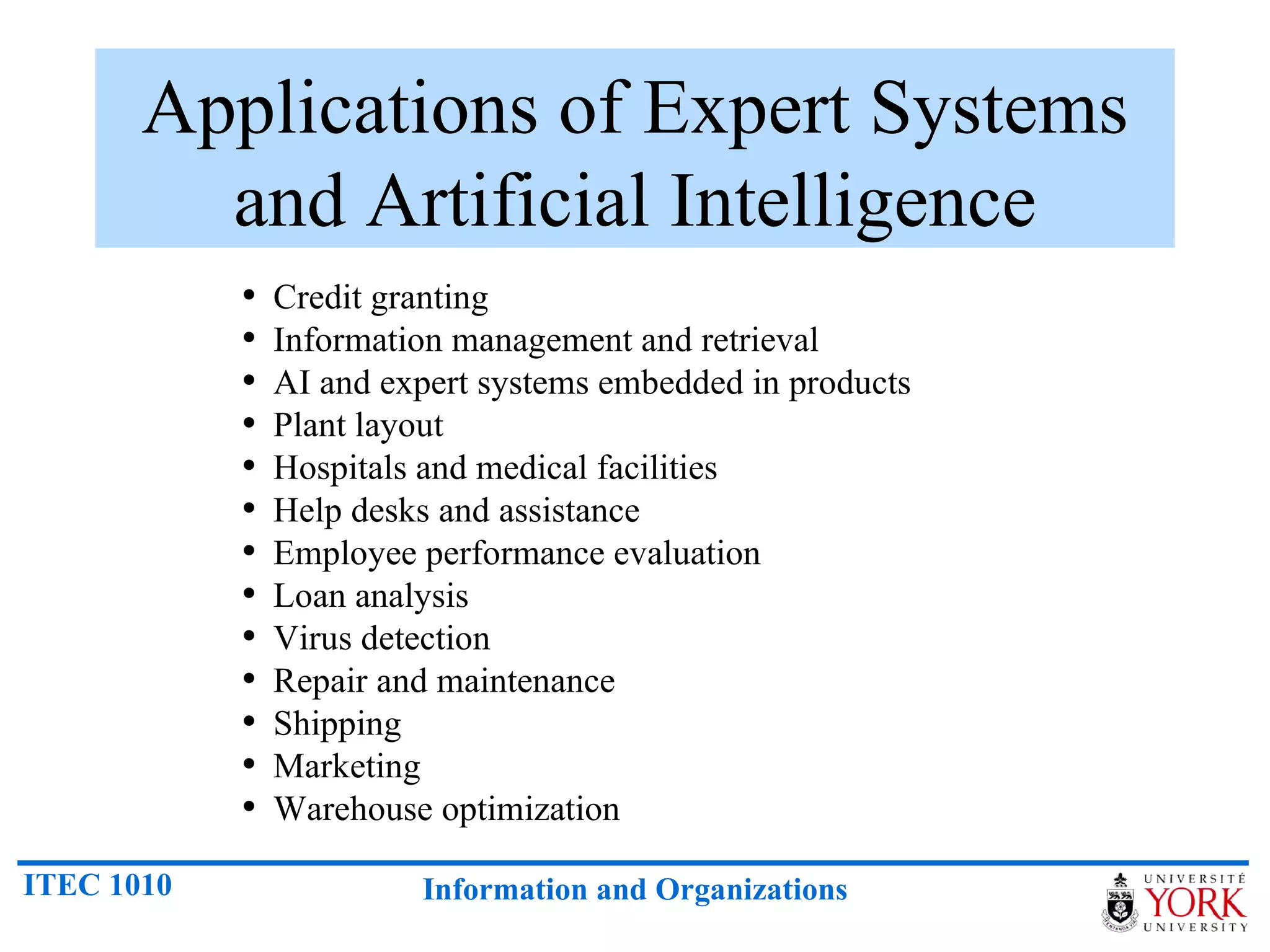Applications of Expert Systems and Artificial Intelligence Credit granting Information management and retrieval AI and expert systems embedded in products Plant layout Hospitals and medical facilities Help desks and assistance Employee performance evaluation Loan analysis Virus detection Repair and maintenance Shipping Marketing Warehouse optimization 