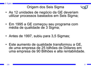 6 Sigma
JCB
Origem dos Seis Sigma
• As 12 unidades de negócio da GE deveriam
utilizar processos baseados em Seis Sigma;
• Em 1995 a GE começou seu programa com
média de qualidade de 3 Sigma;
• Antes de 1997, subiu para 3,5 Sigmas;
• Este aumento de qualidade transformou a GE,
de uma empresa de 25 bilhões de Dólares em
uma empresa de 90 Bilhões e alta rentabilidade.
12
 
