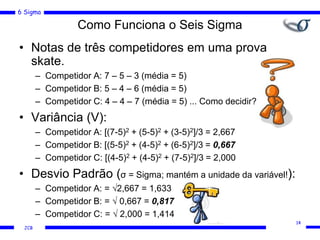 6 Sigma
JCB
Como Funciona o Seis Sigma
• Notas de três competidores em uma prova
skate.
– Competidor A: 7 – 5 – 3 (média = 5)
– Competidor B: 5 – 4 – 6 (média = 5)
– Competidor C: 4 – 4 – 7 (média = 5) ... Como decidir?
• Variância (V):
– Competidor A: [(7-5)2 + (5-5)2 + (3-5)2]/3 = 2,667
– Competidor B: [(5-5)2 + (4-5)2 + (6-5)2]/3 = 0,667
– Competidor C: [(4-5)2 + (4-5)2 + (7-5)2]/3 = 2,000
• Desvio Padrão (σ = Sigma; mantém a unidade da variável!):
– Competidor A: = √2,667 = 1,633
– Competidor B: = √ 0,667 = 0,817
– Competidor C: = √ 2,000 = 1,414
14
 