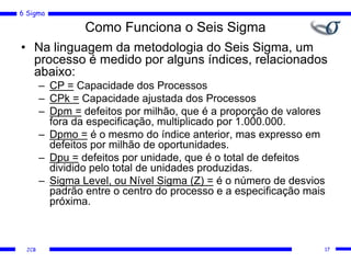 6 Sigma
JCB
Como Funciona o Seis Sigma
• Na linguagem da metodologia do Seis Sigma, um
processo é medido por alguns índices, relacionados
abaixo:
– CP = Capacidade dos Processos
– CPk = Capacidade ajustada dos Processos
– Dpm = defeitos por milhão, que é a proporção de valores
fora da especificação, multiplicado por 1.000.000.
– Dpmo = é o mesmo do índice anterior, mas expresso em
defeitos por milhão de oportunidades.
– Dpu = defeitos por unidade, que é o total de defeitos
dividido pelo total de unidades produzidas.
– Sigma Level, ou Nível Sigma (Z) = é o número de desvios
padrão entre o centro do processo e a especificação mais
próxima.
17
 