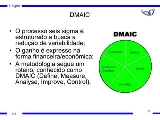 6 Sigma
JCB
DMAIC
• O processo seis sigma é
estruturado e busca a
redução de variabilidade;
• O ganho é expresso na
forma financeira/econômica;
• A metodologia segue um
roteiro, conhecido como
DMAIC (Define, Measure,
Analyse, Improve, Control);
26
 