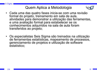 6 Sigma
JCB
Quem Aplica a Metodologia
• Cada uma das quatro fases inicia-se com uma revisão
formal do projeto, treinamento em sala de aula,
atividades para demonstrar a utilização das ferramentas,
e uma avaliação formal para estabelecer se os
conhecimentos adquiridos na sala de aula foram
transferidos ao projeto;
• Os especialistas Seis Sigma são treinados na utilização
de ferramentas estatísticas, mapeamento de processos,
gerenciamento de projetos e utilização de software
estatístico;
32
 