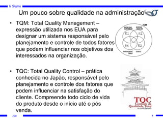 6 Sigma
JCB
Um pouco sobre qualidade na administração
• TQM: Total Quality Management –
expressão utilizada nos EUA para
designar um sistema responsável pelo
planejamento e controle de todos fatores
que podem influenciar nos objetivos dos
interessados na organização.
• TQC: Total Quality Control – prática
conhecida no Japão, responsável pelo
planejamento e controle dos fatores que
podem influenciar na satisfação do
cliente. Compreende todo ciclo de vida
do produto desde o início até o pós
venda.
4
 