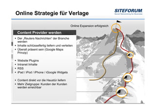 Online Strategie für Verlage

                                           Online Expansion erfolgreich

Content Provider werden
Der „Reuters Nachrichten“ der Branche
werden
Inhalte schlüsselfertig liefern und verteilen
Überall präsent sein (Google Maps
Prinzip)

Website Plugins
Intranet Inhalte
RSS
iPad / iPod / iPhone / iGoogle Widgets

Content direkt vor die Haustür liefern
Mehr Zielgruppe: Kunden der Kunden
werden erreichbar
 