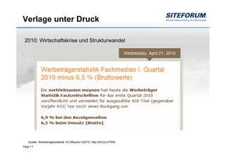 Verlage unter Druck

 2010: Wirtschaftskrise und Strukturwandel




   Quelle: Werbeträgerstatistik VU Meynen I/2010, http://bit.ly/cvTlWb
Page   7
 