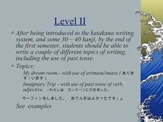 Level II After being introduced to the katakana writing system, and some 30 ~ 40 kanji, by the end of the first semester, students should be able to write a couple of different topics of writing,  including the use of past tense.  Topics: My dream room,- with use of arimasu/imasu ( あります／います） Imaginary Trip --with use of past tense of verb, adjective.  ( わたしは　カンクーンに行きました。 　　　サーフィンをしました。　おてんきはよかったです )  。 See  examples 　　　 
