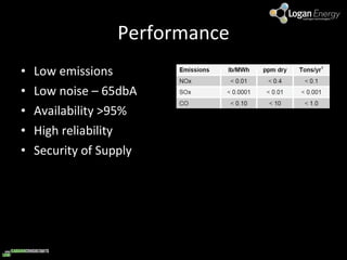 Performance Low emissions Low noise – 65dbA Availability >95% High reliability Security of Supply 