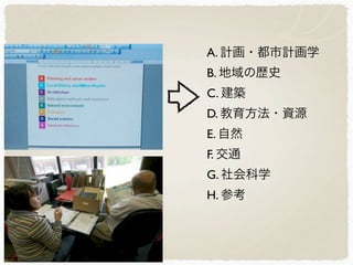 A. 計画・都市計画学
B. 地域の歴史
C. 建築
D. 教育方法・資源
E. 自然
F. 交通
G. 社会科学
H. 参考
 