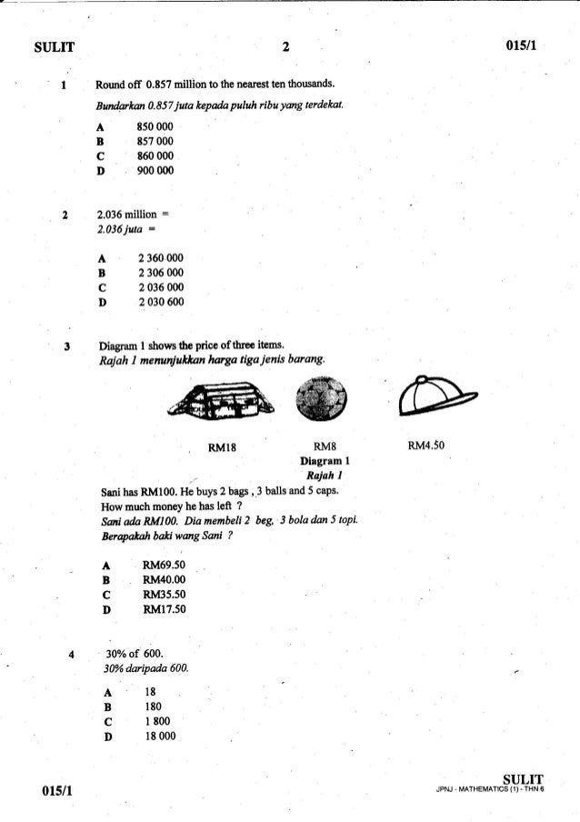 Soalan Percubaan UPSR Johor 2012 Matematik Kertas 1