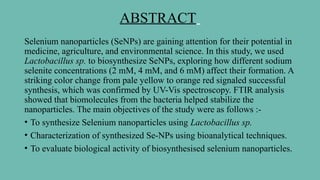 ABSTRACT
Selenium nanoparticles (SeNPs) are gaining attention for their potential in
medicine, agriculture, and environmental science. In this study, we used
Lactobacillus sp. to biosynthesize SeNPs, exploring how different sodium
selenite concentrations (2 mM, 4 mM, and 6 mM) affect their formation. A
striking color change from pale yellow to orange red signaled successful
synthesis, which was confirmed by UV-Vis spectroscopy. FTIR analysis
showed that biomolecules from the bacteria helped stabilize the
nanoparticles. The main objectives of the study were as follows :-
• To synthesize Selenium nanoparticles using Lactobacillus sp.
• Characterization of synthesized Se-NPs using bioanalytical techniques.
• To evaluate biological activity of biosynthesised selenium nanoparticles.
 