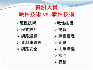 資訊人員
硬性技術 vs. 軟性技術
 硬性技術     軟性技術
 程式設計     簡報
 網路通訊     專案管理
 資料庫管理    企劃
 網路安全     人際溝通
           談判
           行銷
 