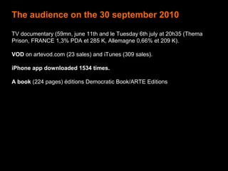 The audience on the 30 september 2010
TV documentary (59mn, june 11th and le Tuesday 6th july at 20h35 (Thema
Prison, FRANCE 1,3% PDA et 285 K, Allemagne 0,66% et 209 K).
VOD on artevod.com (23 sales) and iTunes (309 sales).
iPhone app downloaded 1534 times.
A book (224 pages) éditions Democratic Book/ARTE Editions
 